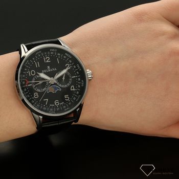 Zegarek męski Delbana Retro Moonphase 41601.646.6.034. Zegarek męski Delbana to elegancki zegarek pasujący do wyjściowych stylizacji. Zegarek posiada czarny pasek o fakturze aligatora oraz srebrną kopertę (1).jpg