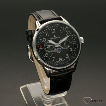 Zegarek męski Delbana Retro Moonphase 41601.646.6.034. Zegarek męski Delbana to elegancki zegarek pasujący do wyjściowych stylizacji. Zegarek posiada czarny pasek o fakturze aligatora oraz srebrną kopertę (2).jpg