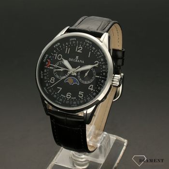 Zegarek męski Delbana Retro Moonphase 41601.646.6.034. Zegarek męski Delbana to elegancki zegarek pasujący do wyjściowych stylizacji. Zegarek posiada czarny pasek o fakturze aligatora oraz srebrną kopertę (3).jpg
