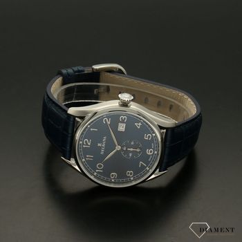 Zegarek męski Delbana Fiorentino 41601.682.6.042. Zegarek męski o klasycznym wyglądzie o bardzo czytelnym, ciemnym cyferblacie. Tarcza zegarka w niebieskim kolorze ze srebrnymi cyframi arabskimi  (4).jpg