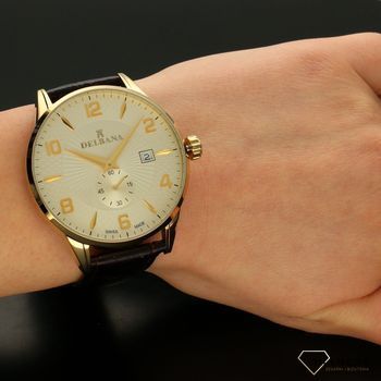 Zegarek męski Delbana Retro 42601.622.6.024. Zegarek męski o klasycznym wyglądzie z bardzo czytelnym, jasnym cyferblacie w kolorze złotym. Tarcza zegarka w złotym odcieniu ze złotymi cyframi arabskimi (1).jpg