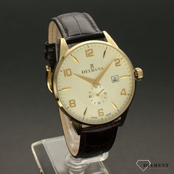 Zegarek męski Delbana Retro 42601.622.6.024. Zegarek męski o klasycznym wyglądzie z bardzo czytelnym, jasnym cyferblacie w kolorze złotym. Tarcza zegarka w złotym odcieniu ze złotymi cyframi arabskimi (2).jpg