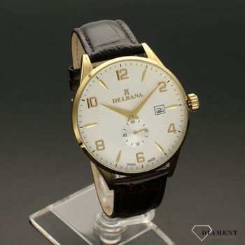Zegarek męski Delbana Retro 42601.622.6.064. Zegarek męski o klasycznym wyglądzie z bardzo czytelnym, jasnym cyferblacie w kolorze białym. Tarcza zegarka w białym kolorze ze złotymi cyframi arabskimi chro (2).jpg