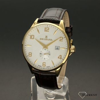 Zegarek męski Delbana Retro 42601.622.6.064. Zegarek męski o klasycznym wyglądzie z bardzo czytelnym, jasnym cyferblacie w kolorze białym. Tarcza zegarka w białym kolorze ze złotymi cyframi arabskimi chro (3).jpg