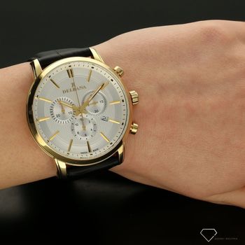 Zegarek męski Delbana 42601.666.6.061 Ascot. Elegancki zegarek męski na delikatnym i wytrzymałym skórzanym pasku w kolorze czarnym. Stalowa koperta w kolorze złotym (1).jpg