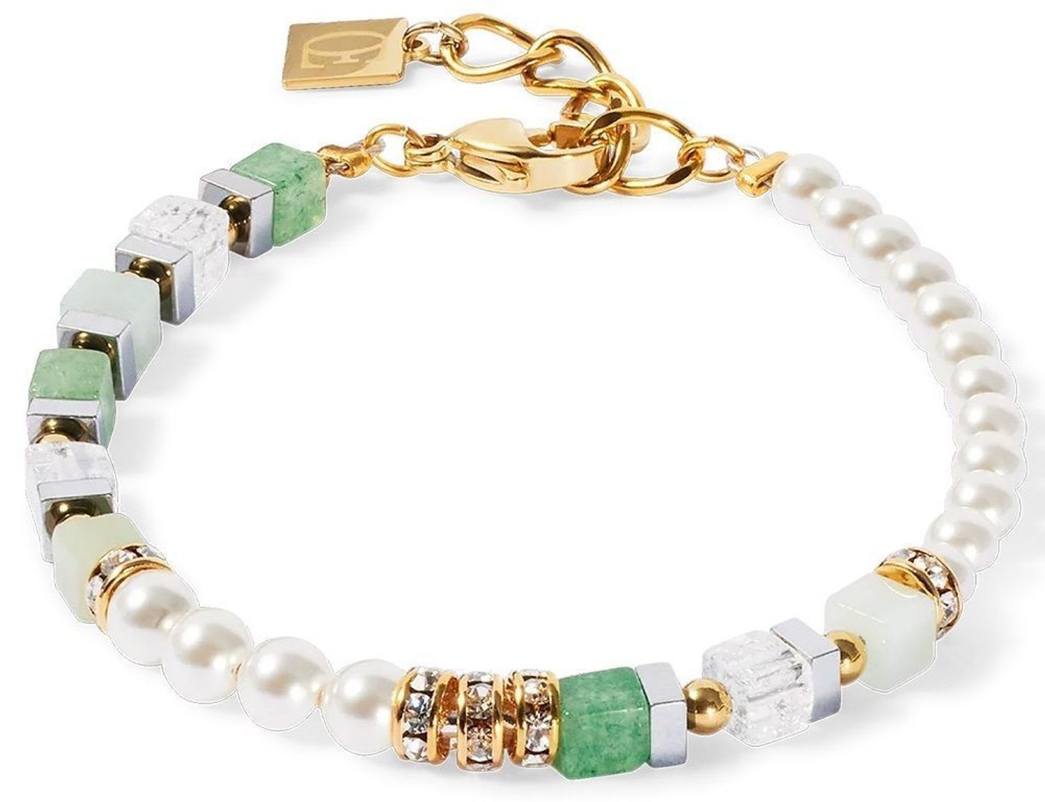 Bransoletka damska Coeur De Lion Amazonit Zielony, awenturyn, Kryształ górski, Kryształowa perła 435430-0500. ✨ Bransoletka Precious Fusion Offset Złoto-Zielona – Naturalna Elegancja 🌿💛1.jpg