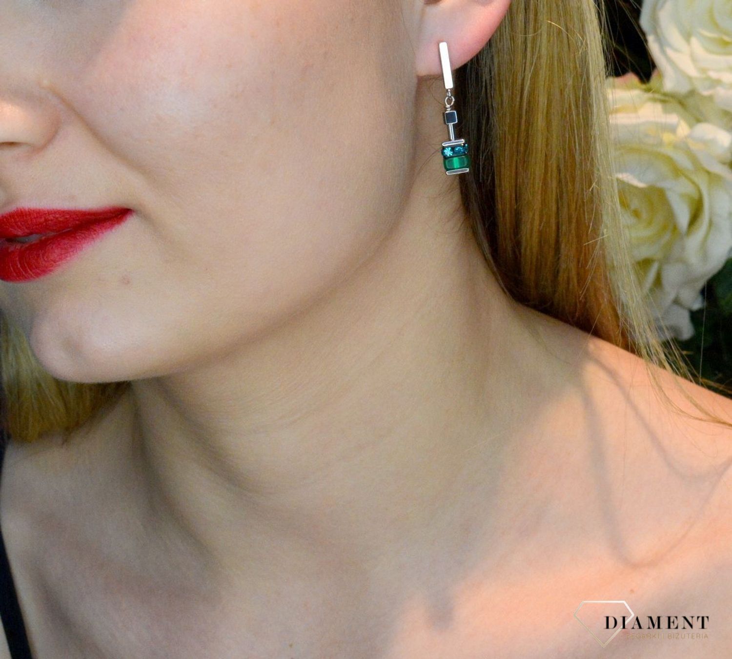 Kolczyki damskie zielone Swarovski Coeur De Lion kryształ góski, hematyt 4509210500. Piękne kolczyki z kolekcji GeoCUBE zdobione kamieniami hematyt, kryształ górski i kryształami Swarovski.jpg