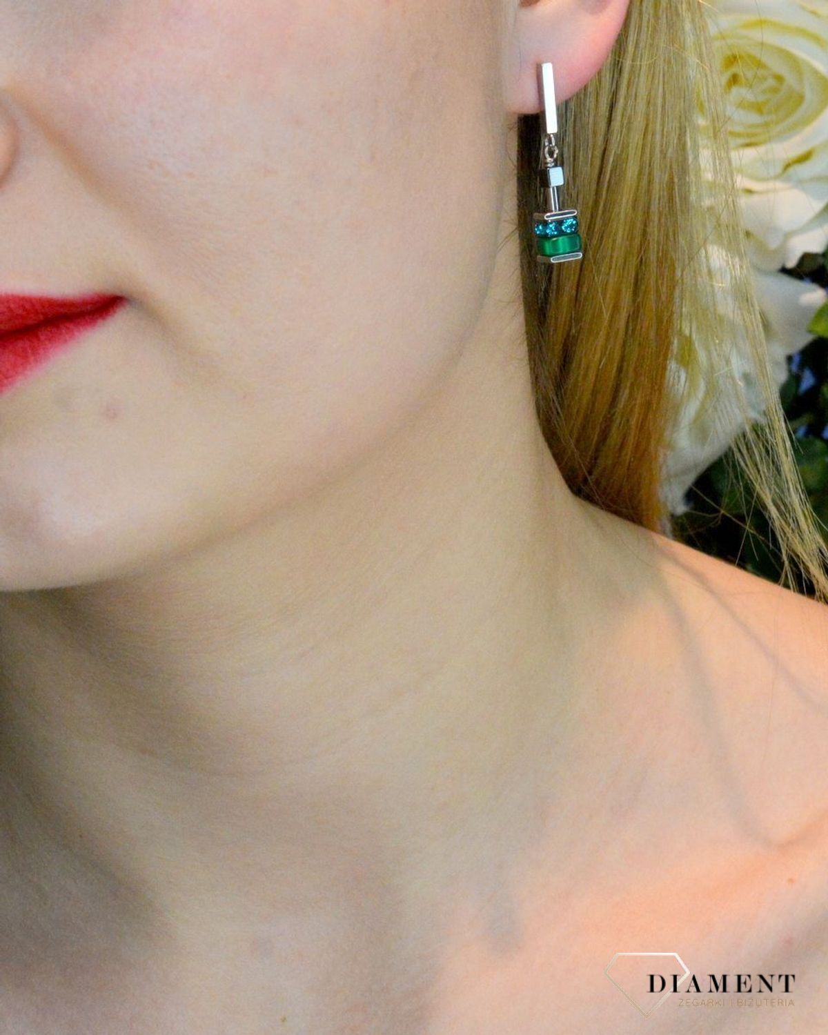 Kolczyki damskie zielone Swarovski Coeur De Lion kryształ góski, hematyt 4509210500. Piękne kolczyki z kolekcji GeoCUBE zdobione kamieniami hematyt, kryształ górski i kryształami Swarovski.jpg