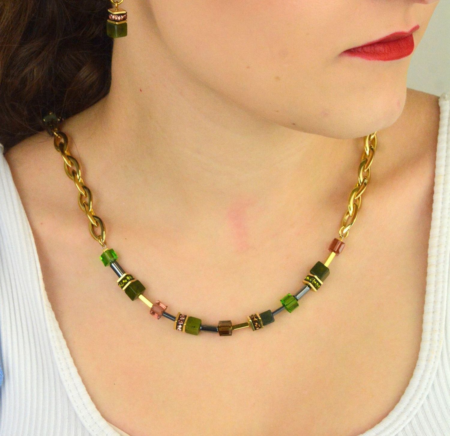 Naszyjnik damski GeoCUBE® Chunky Chain 4524100516 złoto-zielony z nefrytem  COEUR DE LION.jpg