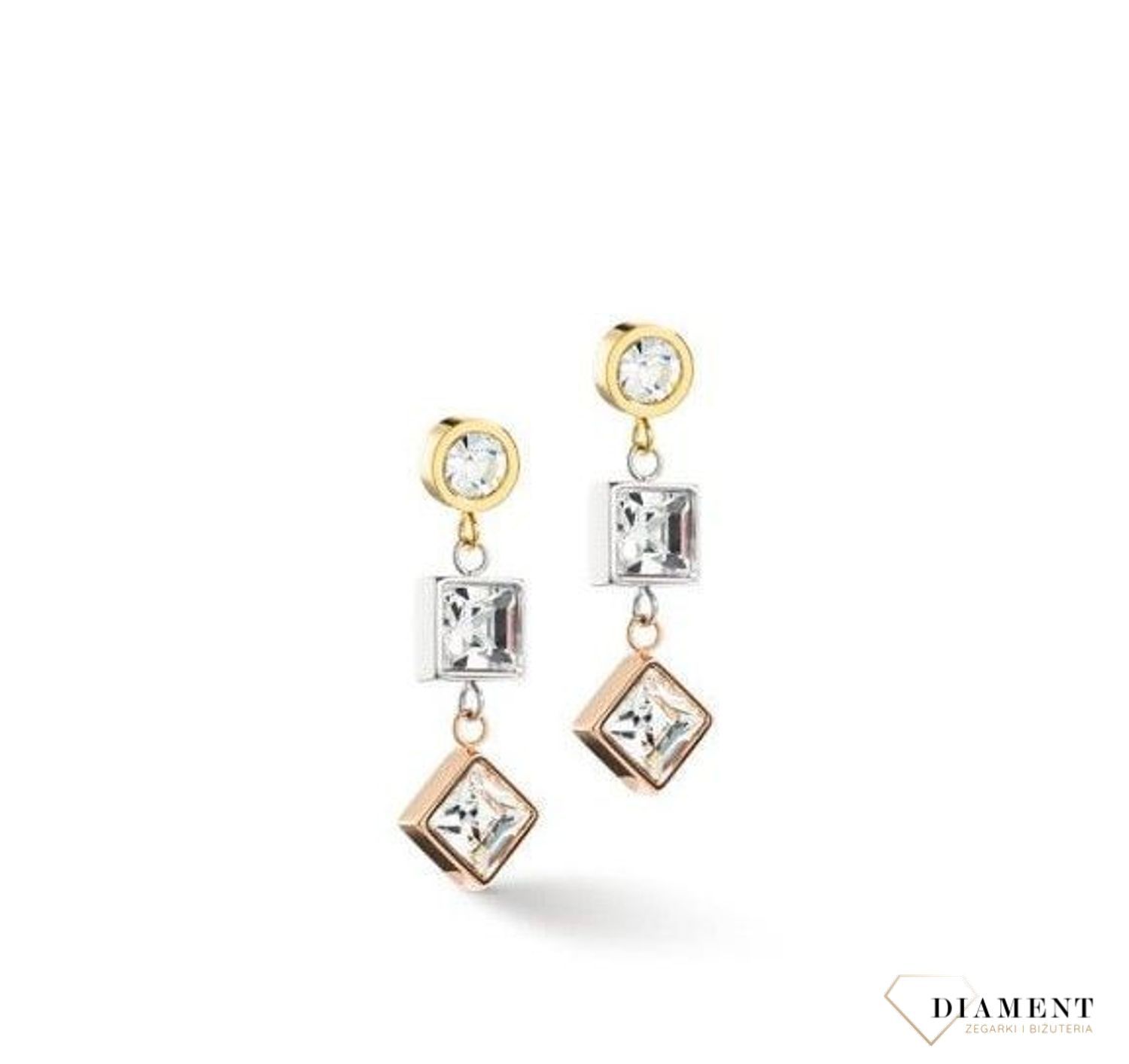 Kolczyki pozłacane wiszące Coeur de Lion z białymi kryształkami Swarovski 4545211633. Biżuteria wykonywana ręcznie. Doskonała na prezent. Nietypowy dodatek. Ekstrawagancka biżuteria..jpg