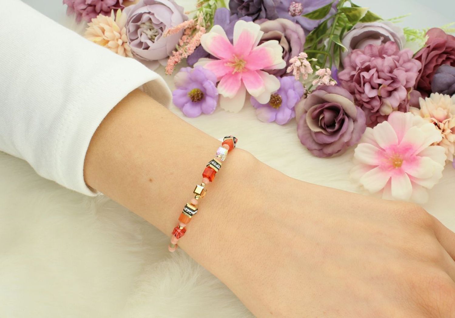 Bransoletka damska Coeur De Lion Kryształy Swarovski, Syntetyczne tygrysie oko, Polaris 456530-0200. ✨ Bransoletka Coeur De Lion – Mini Cubes Pomarańczowa 🍊1.jpg