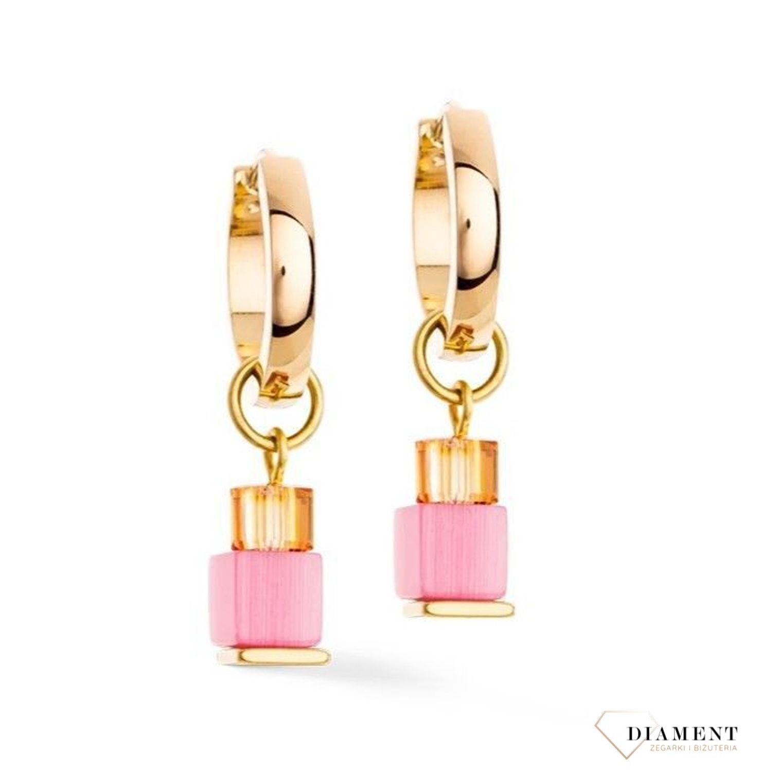 Kolczyki damskie Coeur de Lion Creole Cube Fusion 4712211500. Piękne kolczyki w odcieniu fuksji zdobione kryształami Swarovski®, syntetycznym tygrysim okiem. Kolczyki koła złote ze zdejmowaną zawieszką. 1.jpg