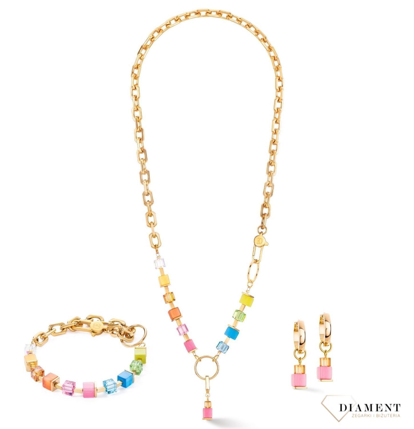 Kolczyki damskie Coeur de Lion Creole Cube Fusion 4712211500. Piękne kolczyki w odcieniu fuksji zdobione kryształami Swarovski®, syntetycznym tygrysim okiem. Kolczyki koła złote ze zdejmowaną zawieszką. 1.jpg