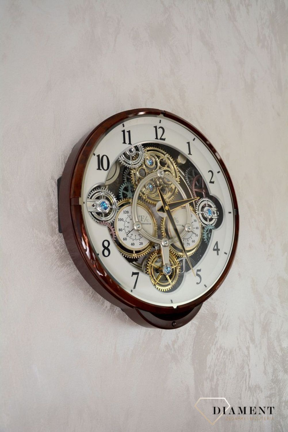 Zegar ścienny brązowy Rhythm 4MH886WU23 melodie termometr wilgotnościomierz.jpg