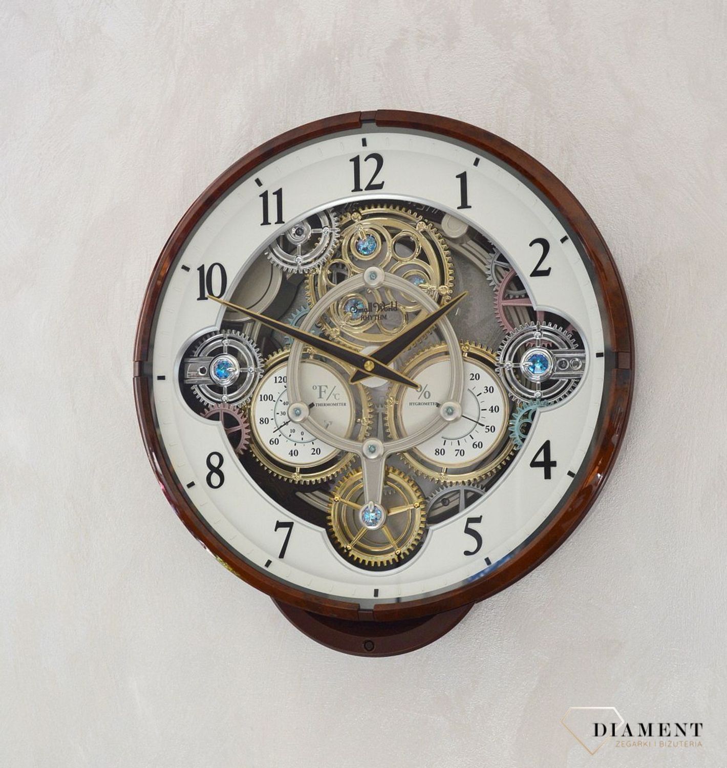 Zegar ścienny brązowy Rhythm 4MH886WU23 melodie termometr wilgotnościomierz.jpg