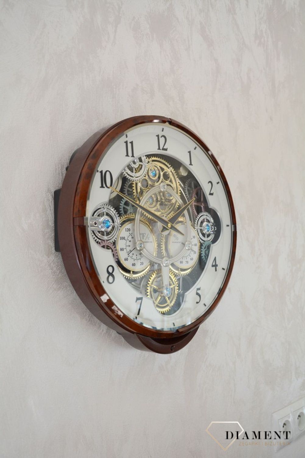 Zegar ścienny brązowy Rhythm 4MH886WU23 melodie termometr wilgotnościomierz.jpg