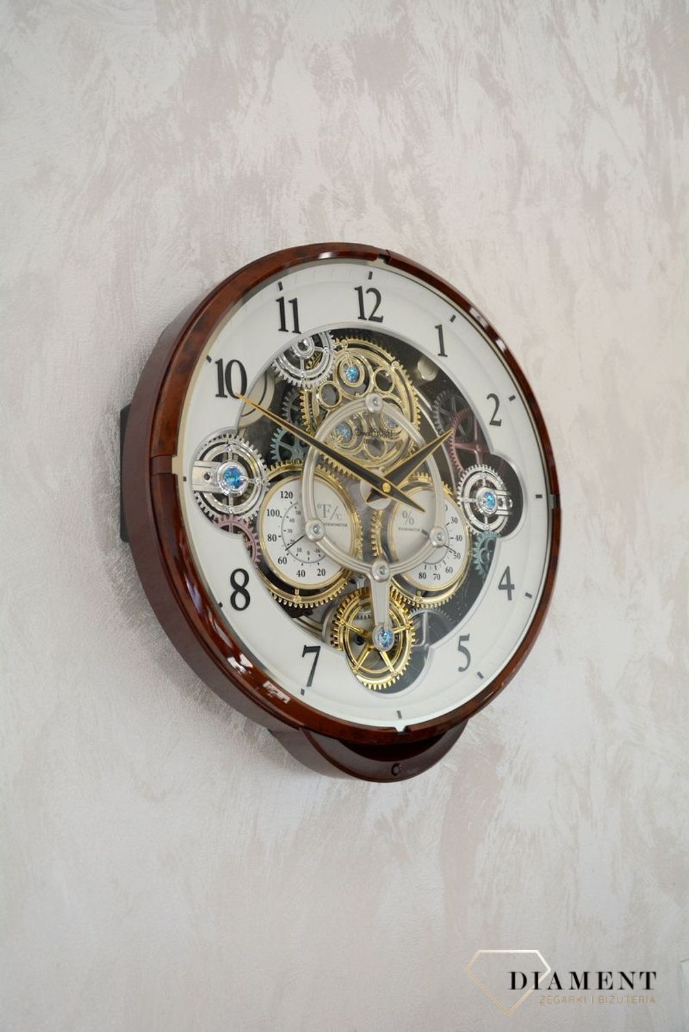 Zegar ścienny brązowy Rhythm 4MH886WU23 melodie termometr wilgotnościomierz.jpg