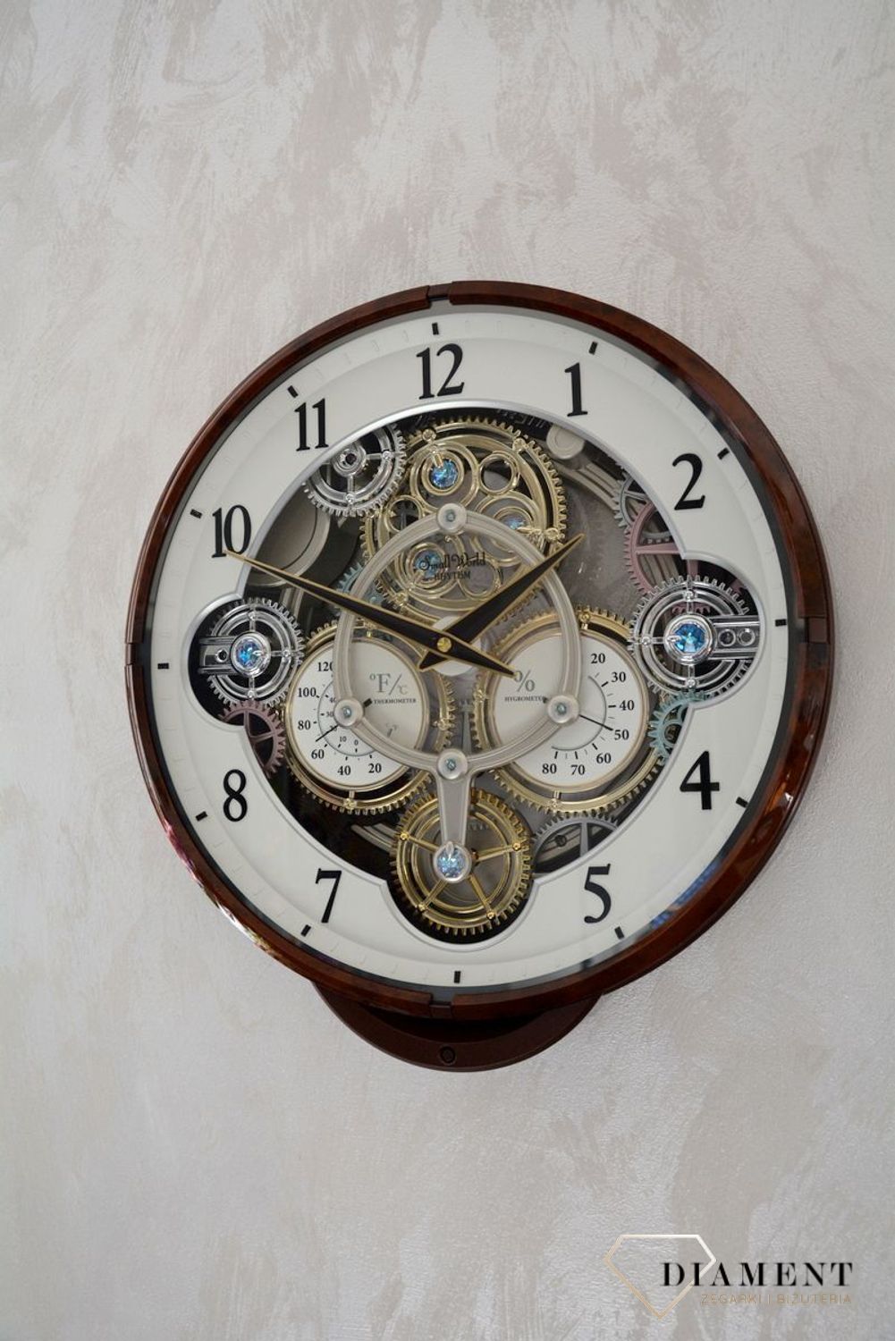 Zegar ścienny brązowy Rhythm 4MH886WU23 melodie termometr wilgotnościomierz.jpg