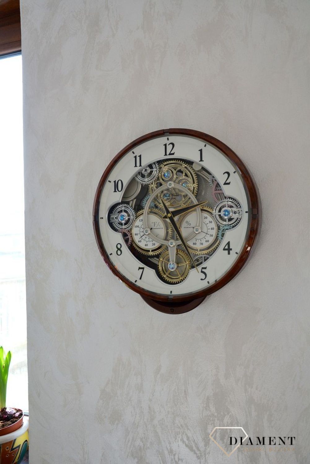 Zegar ścienny brązowy Rhythm 4MH886WU23 melodie termometr wilgotnościomierz.jpg
