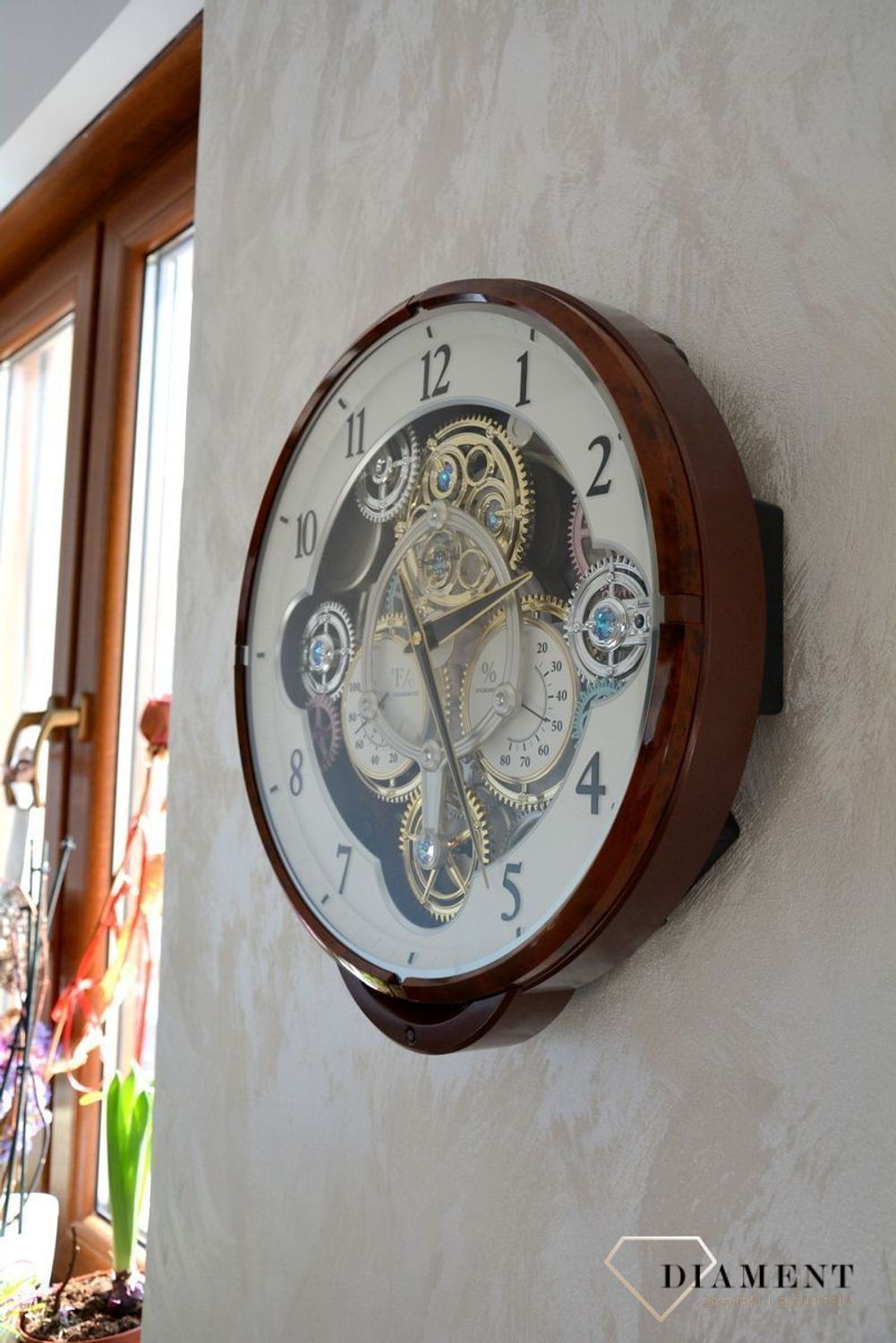 Zegar ścienny brązowy Rhythm 4MH886WU23 melodie termometr wilgotnościomierz.jpg