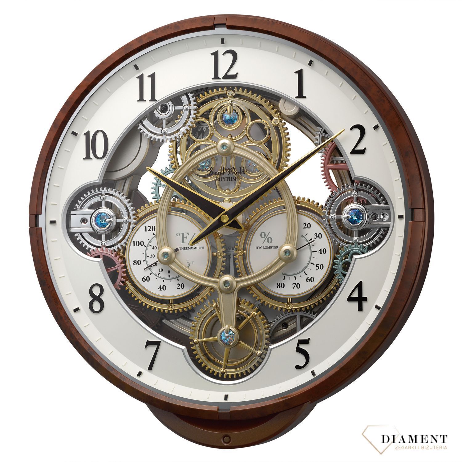 Zegar ścienny brązowy Rhythm 4MH886WU23 melodie termometr wilgotnościomierz.jpg
