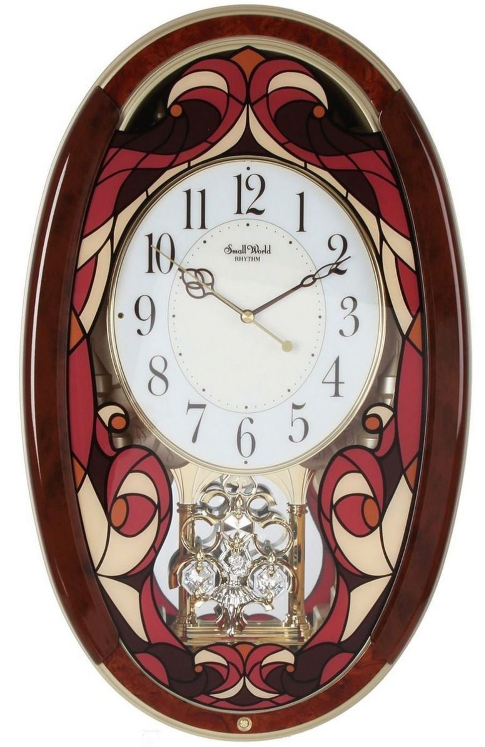 Dekoracyjny zegar ścienny Rhythm 4MJ430WD01 z 22 melodiami, szkłem z kolorowym witrażem i japońskim mechanizmem kwarcowym. Styl i precyzja dla Twojego salonu..jpg