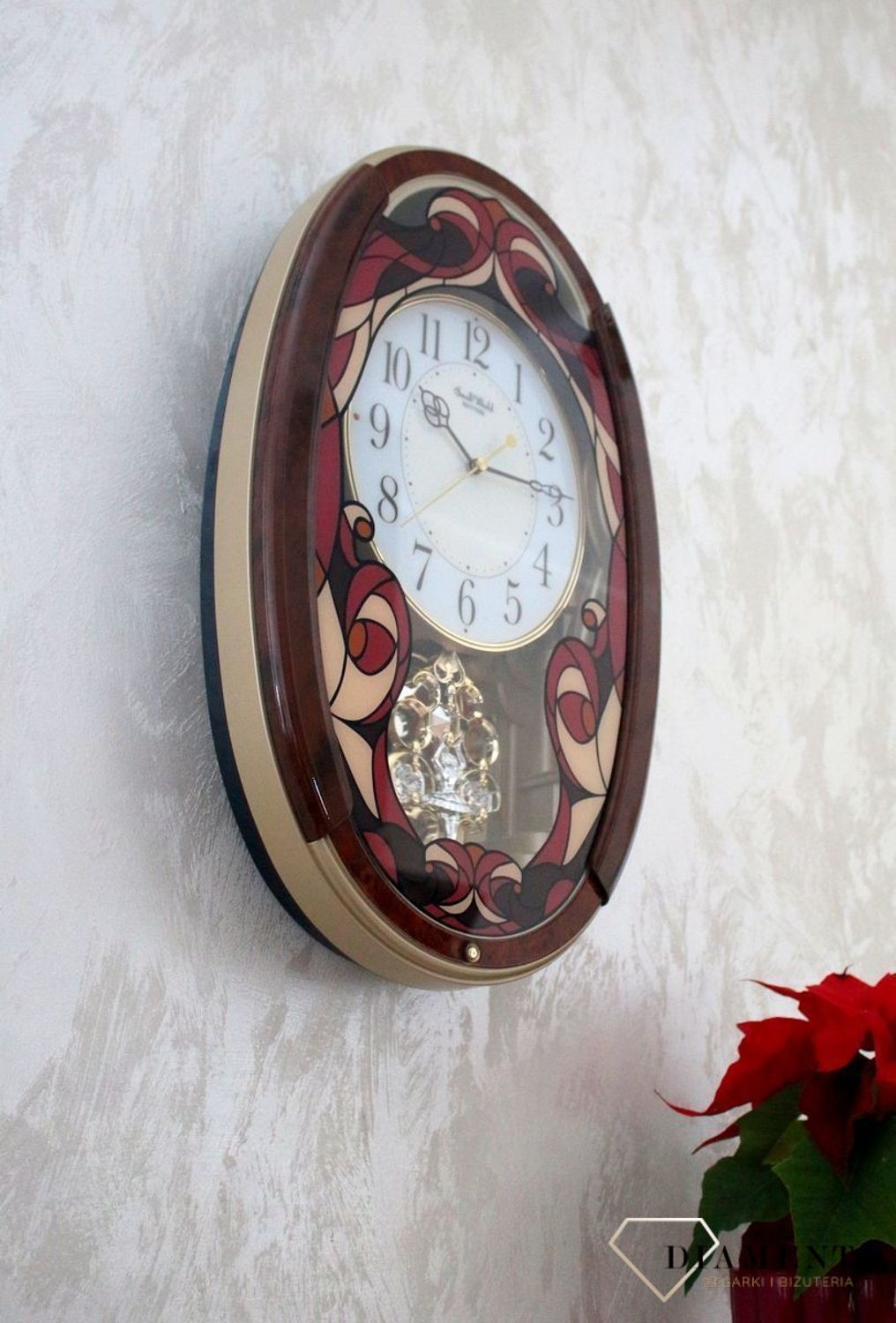 Dekoracyjny zegar ścienny Rhythm 4MJ430WD01 z 22 melodiami, szkłem z kolorowym witrażem i japońskim mechanizmem kwarcowym. Styl i precyzja dla Twojego salonu..jpg