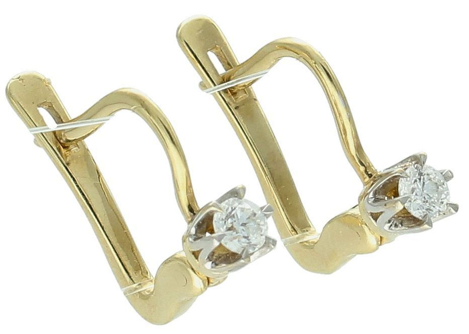 Złote kolczyki damskie 585 z Diamentem żółte złoto Kolczyki wykonana ze złota próby 585. Kolczyki mają dwa brylanty o łącznej wielkości 0,16 ct, czystości SI oraz barwie H. Waga około 1,58 gr 1.jpg