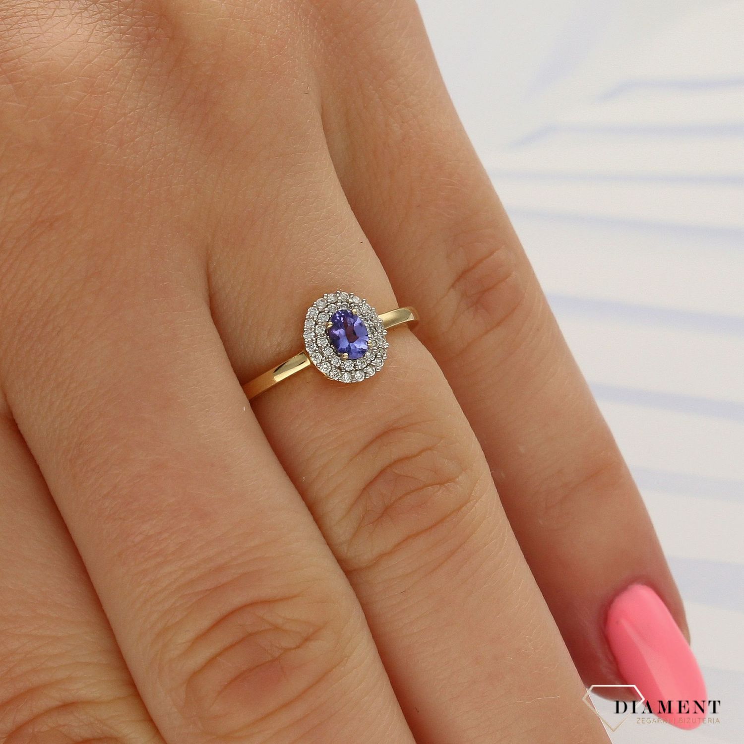 Pierścionek złoty DIAMENT 585 złoto i diamenty oraz kamieniem naturalnym 50577369.jpg