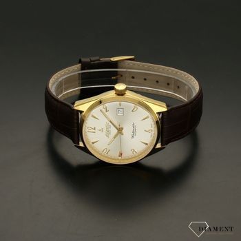 Zegarek męski z klasyczna okrągłą tarczą w jasnym kolorze z indeksami i wskazówkami w kolorze złotym. Zegarek męski to świetny pomysł na prezent.  (3).jpg