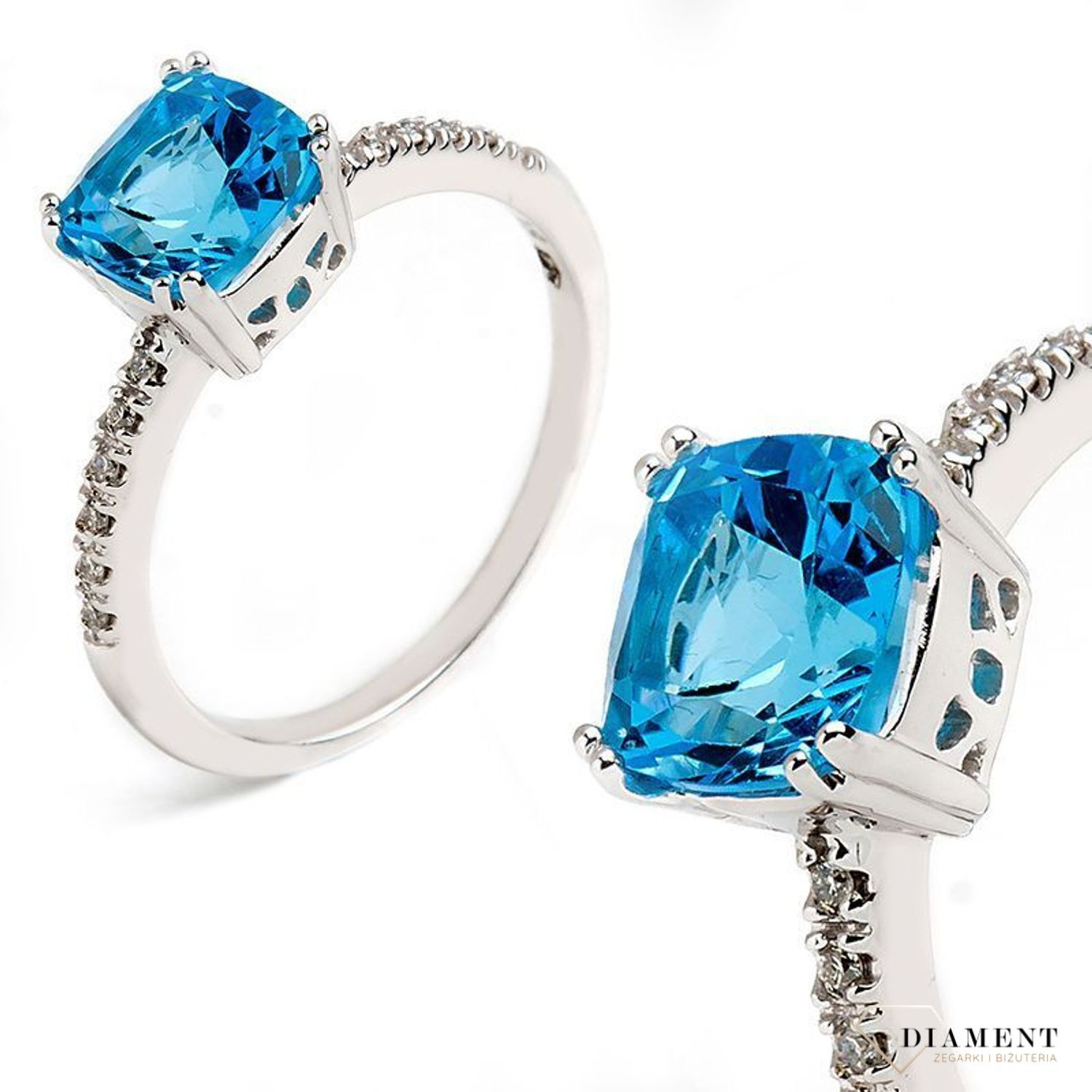 Pierścionek złoty DIAMENT białe złoto, diamenty, topaz. Pierścionki zaręczynowe. Piękny pierścionek ozdobiony trzema brylantami. Pierścionki z topazem..jpg