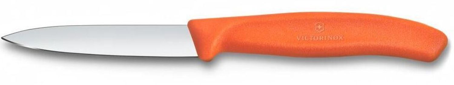 Nóż do warzyw i owoców Victorinox Swiss Classic 6.7609.C1 z gładkim ostrzem 8 cm i pomarańczową rękojeścią. Idealny do obierania, krojenia i dekorowania warzyw oraz owoców.1.jpg