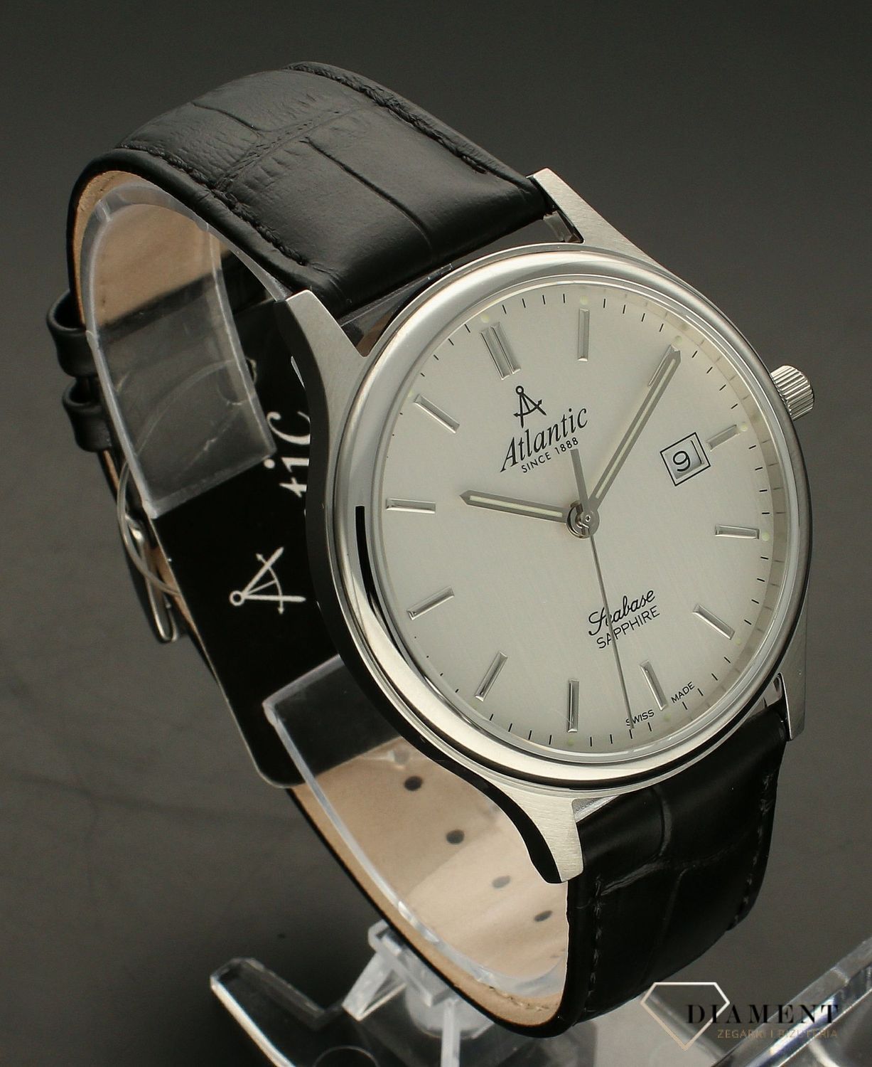 Zegarek męski Atlantic Seabase Classic Sapphire 60343.41.21. Atlantic Seabase 60343.41.21 to niezwykle elegancki zegarek o wyprofilowaych bokach koperty i eleganckim skórzanym pasku. Męski zegarek elegancki dla mężczyzny. Idealny zegarek na pre.jpg