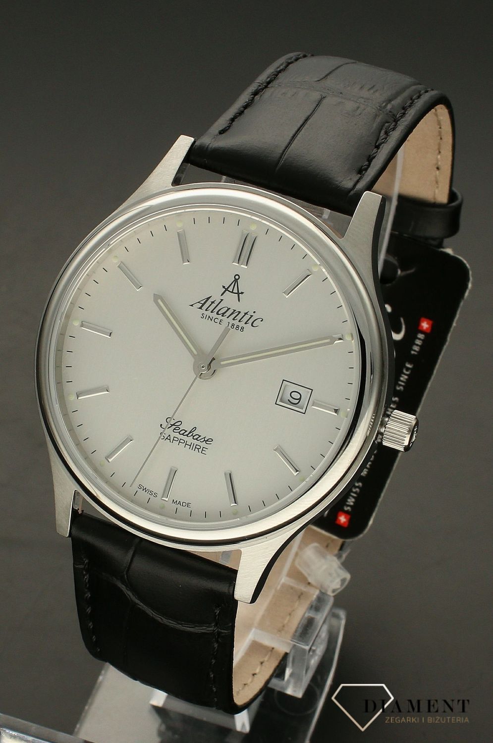 Zegarek męski Atlantic Seabase Classic Sapphire 60343.41.21. Atlantic Seabase 60343.41.21 to niezwykle elegancki zegarek o wyprofilowaych bokach koperty i eleganckim skórzanym pasku. Męski zegarek elegancki dla mężczyzny. Idealny zegarek na pre.jpg