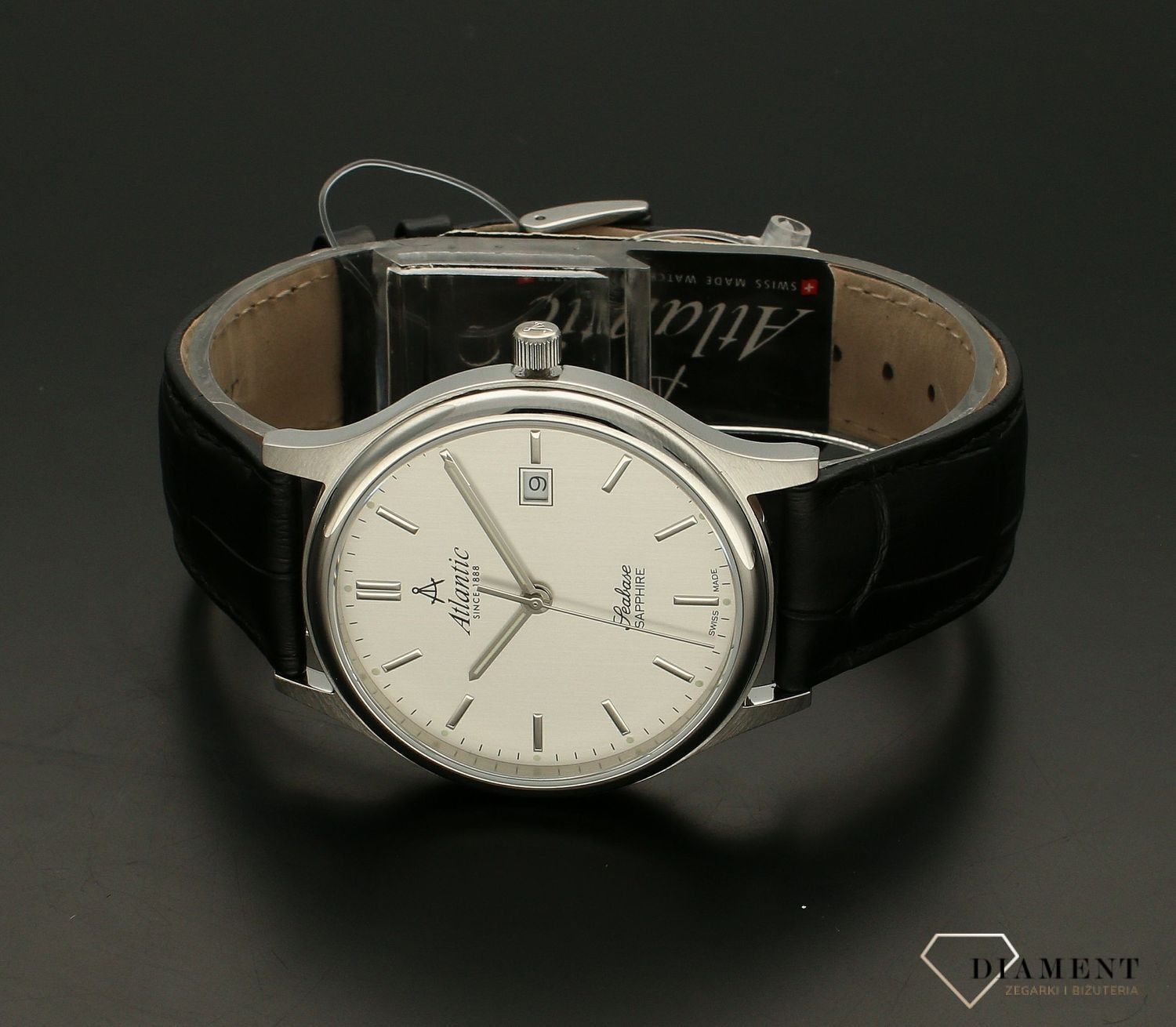Zegarek męski Atlantic Seabase Classic Sapphire 60343.41.21. Atlantic Seabase 60343.41.21 to niezwykle elegancki zegarek o wyprofilowaych bokach koperty i eleganckim skórzanym pasku. Męski zegarek elegancki dla mężczyzny. Idealny zegarek na pre.jpg