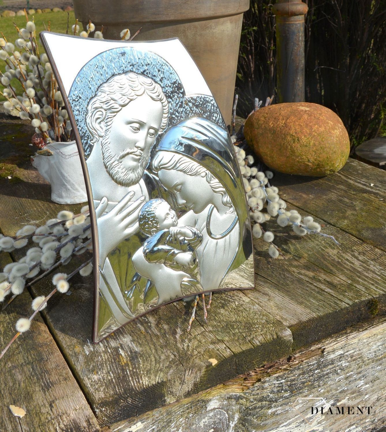 Wyjątkowy obrazek przedstawiający wizerunek Świętej Rodziny. Wykonany z wysokiej jakości drewna oraz metalu pokrytego srebrem i lakierem zabezpieczającym (7).JPG