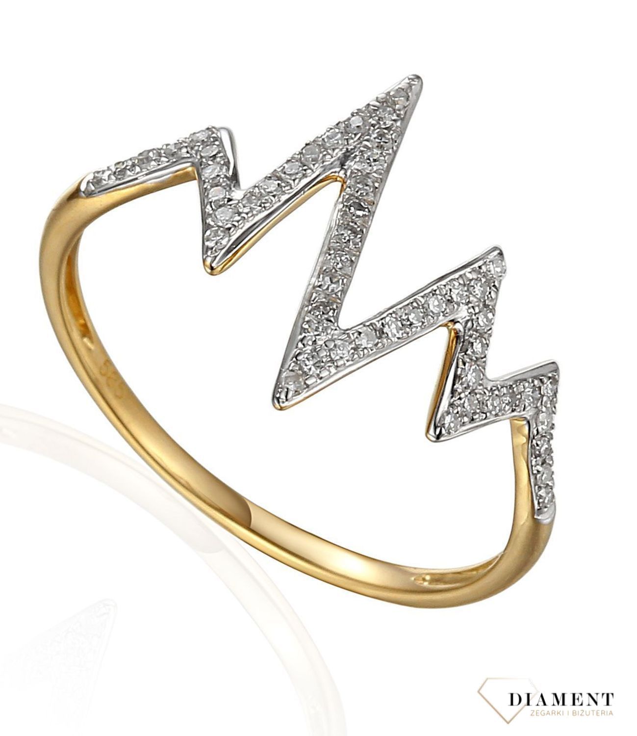Pierścionek złoty DIAMENT 585, diamenty EKG, motyw gór