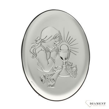 Obrazek srebrny z wizerunkiem dziewczynki pochylającej się nad kielichem to doskonała pamiątka Pierwszej Komunii Świętej, która odda piękno tego sakramentu (6).jpg