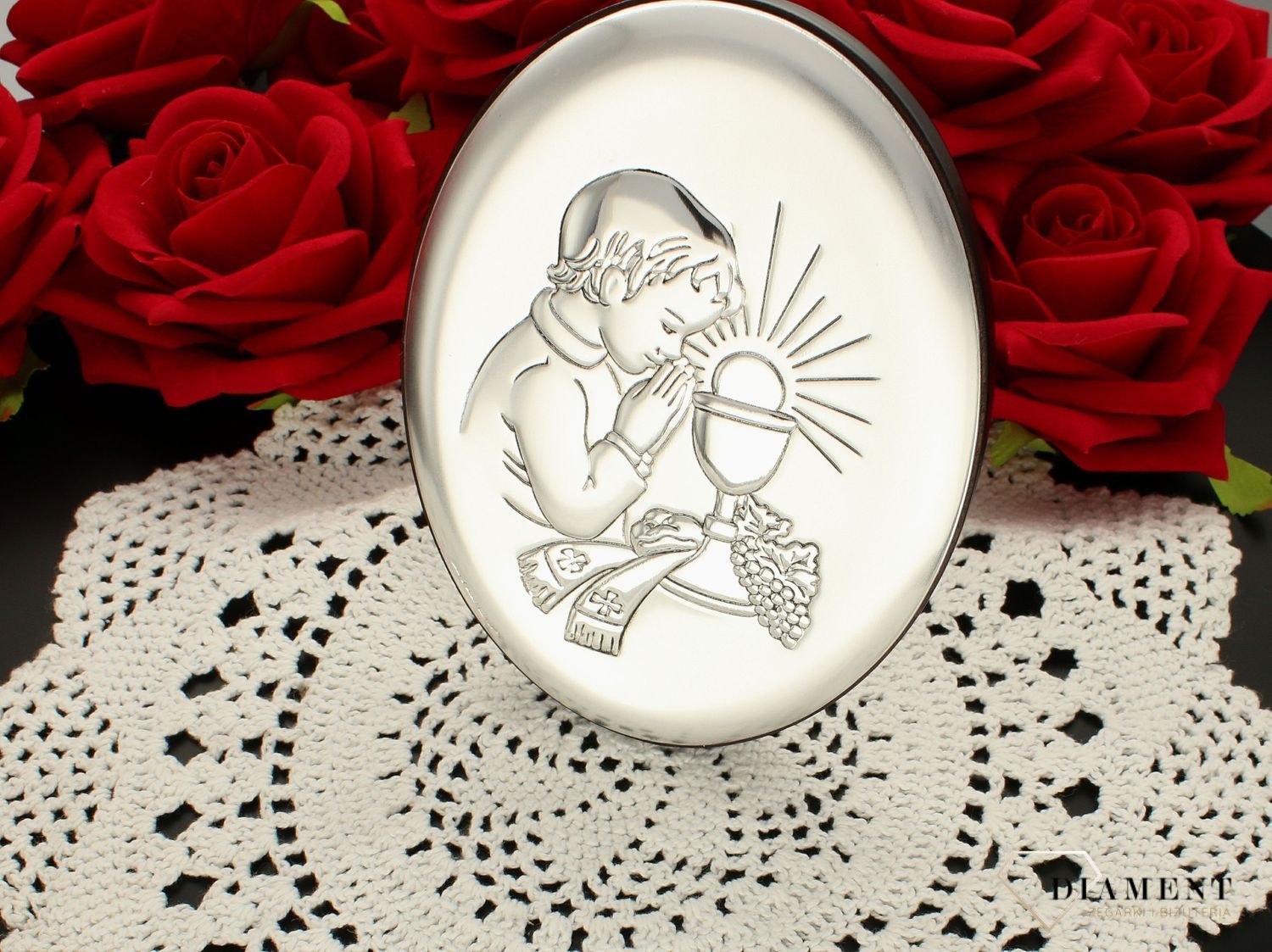 Obrazek srebrny Pierwsza Komunia Święta dla chłopca z grawerem 6342.2O. Pamiątka I Komunii Świętej. Obrazek z grawerem na komunie. Prezent na komunie dla chłopca..jpg