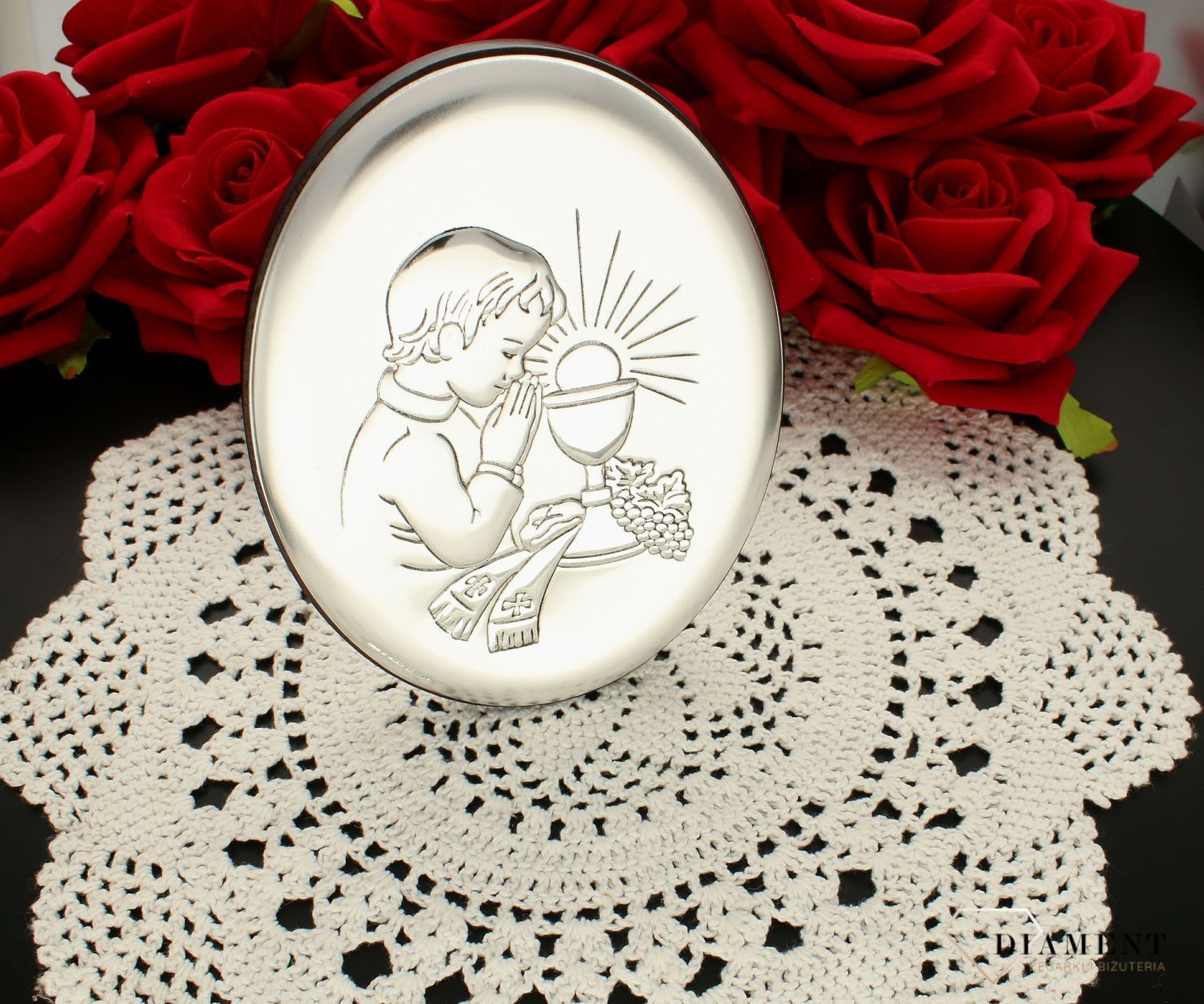 Obrazek srebrny Pierwsza Komunia Święta dla chłopca z grawerem 6342.2O. Pamiątka I Komunii Świętej. Obrazek z grawerem na komunie. Prezent na komunie dla chłopca..jpg