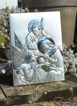 Wyjątkowy obrazek przedstawiający wizerunek Świętej Rodziny. Wykonany z wysokiej jakości drewna oraz metalu pokrytego srebrem i lakierem zabezpieczającym (1).JPG