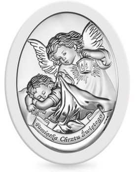 Srebrny obrazek na Chrzest Święty Aniołek z latarenką w białej oprawie 63532Wl.jpg