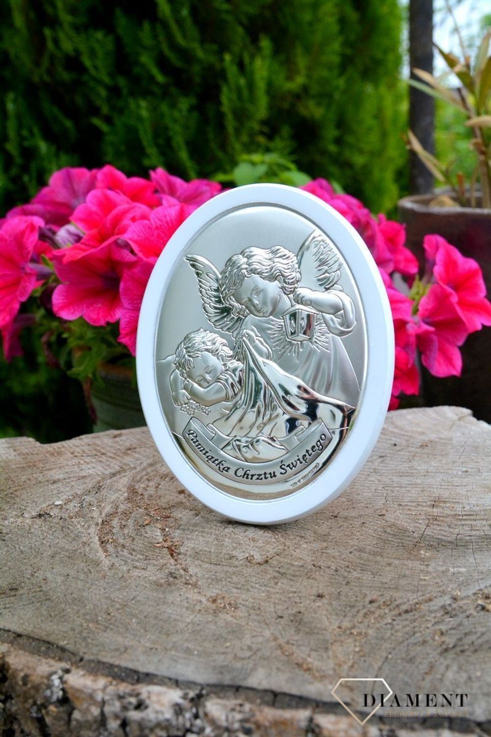 Srebrny obrazek na Chrzest Święty Aniołek z latarenką w białej oprawie 63532Wl.jpg