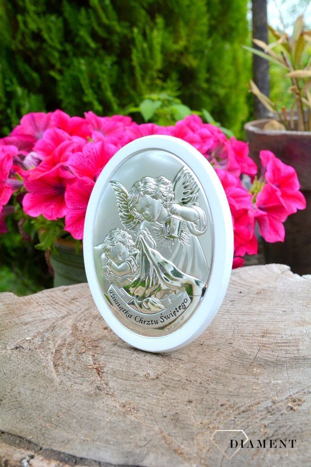 Srebrny obrazek na Chrzest Święty Aniołek z latarenką w białej oprawie 63532Wl.jpg