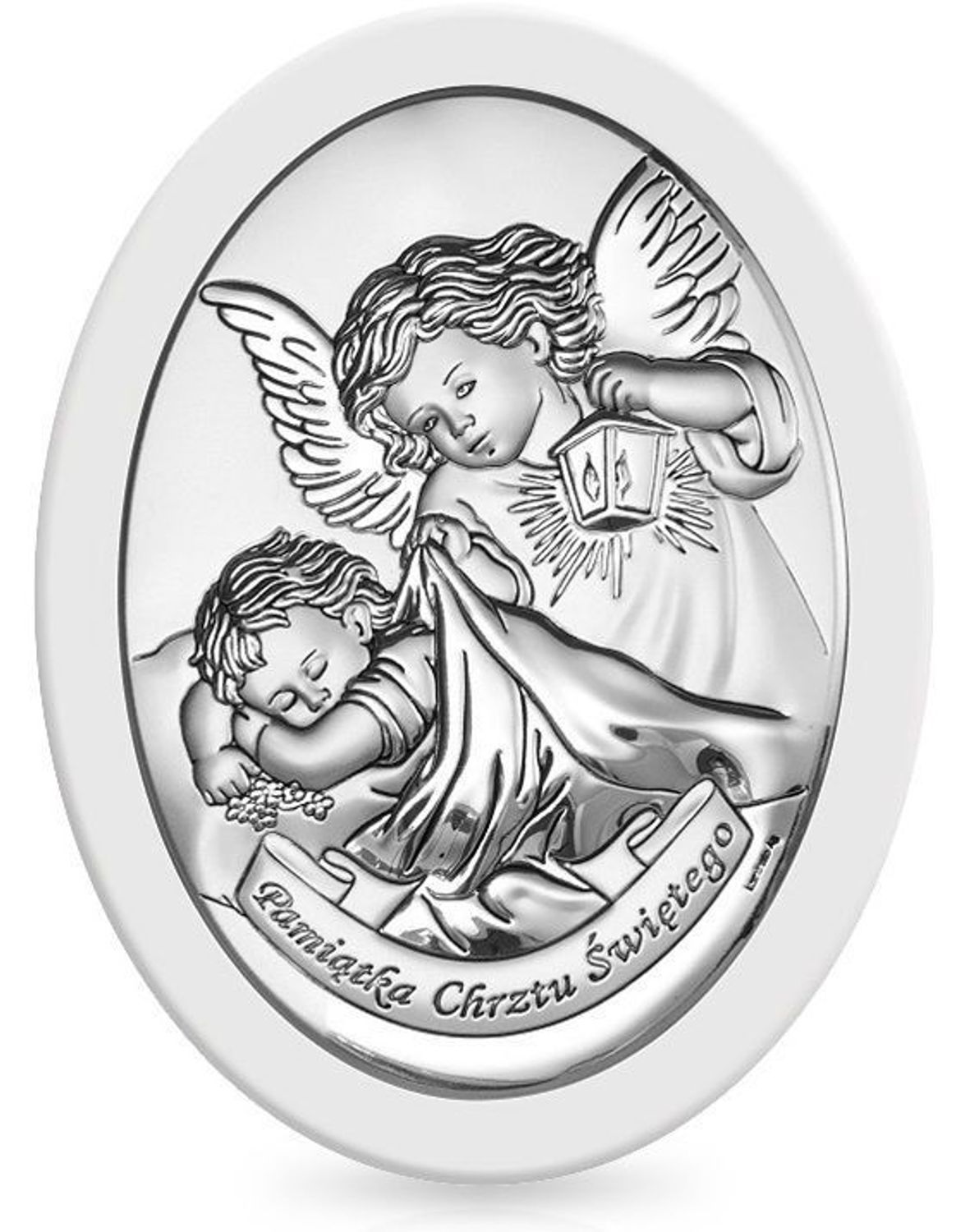 Srebrny obrazek na Chrzest Święty Aniołek z latarenką w białej oprawie 63532Wl.jpg