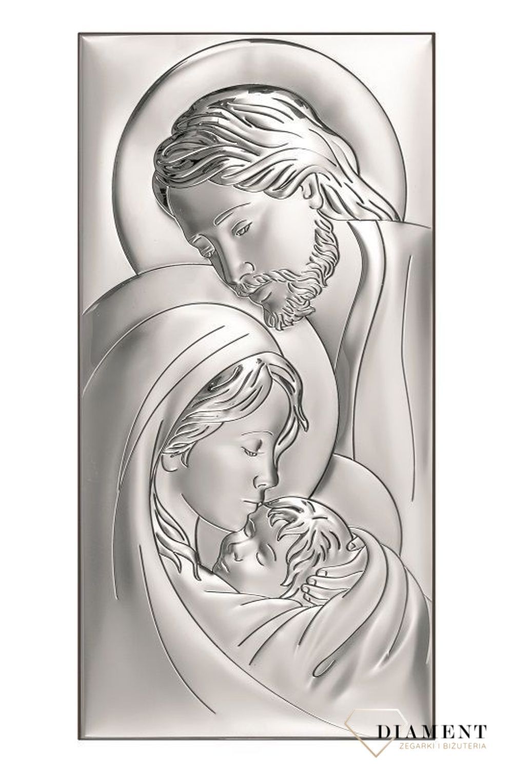 Srebrny obrazek Rodzina Święta 6X12 cm 6380 2. . Obrazek święty z wizerunkiem Świętej Rodziny - doskonały jako pamiątka Ślubu dla Młodej Pary, prezent od nowożeńców dla rodziców oraz na rocznicę małżeństwa..jpg