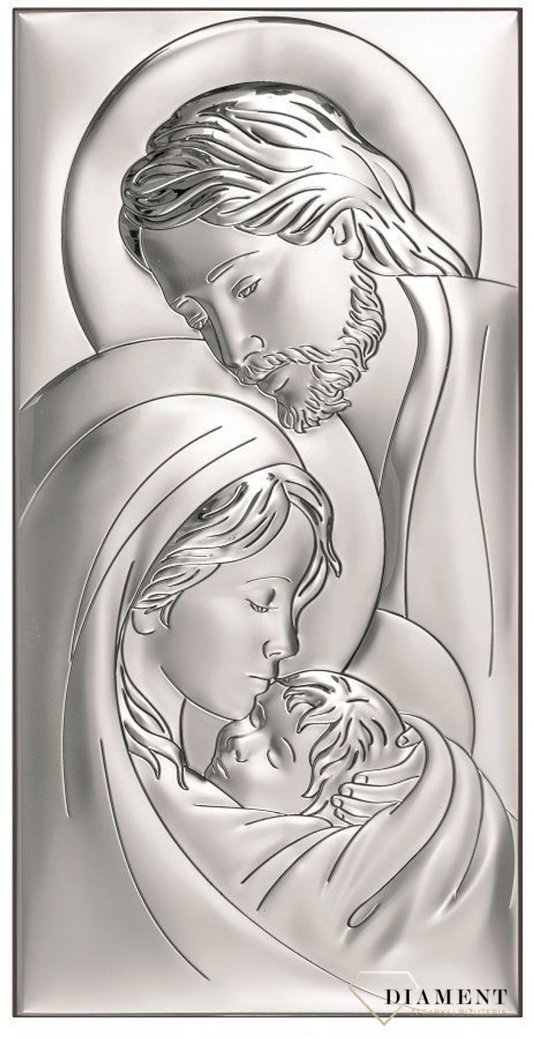 Srebrny obrazek Rodzina Święta 6380.2X 9x18 cm. Obrazek święty z wizerunkiem Świętej Rodziny - doskonały jako pamiątka Ślubu dla Młodej Pary, prezent od nowożeńców dla rodziców oraz na rocznicę małżeństwa..jpg