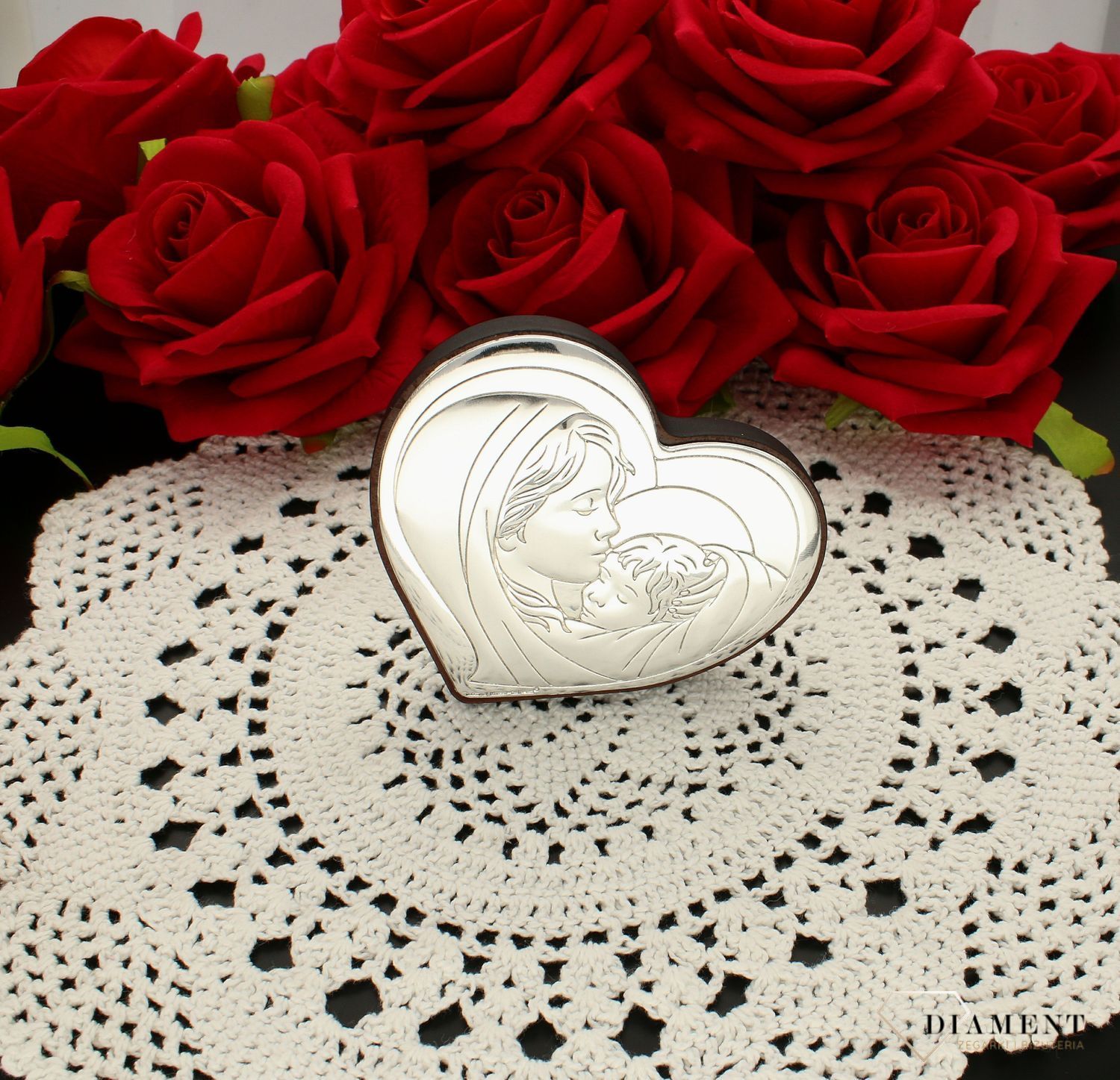 Obrazek srebrny Matka Boska z dzieciątkiem serce 6433.1. . Idealny prezent na ślub, rocznicę zawarcia sakramentu małżeństwa, chrzest. Obrazek święty ze srebra. Matka boska z jezusem..jpg