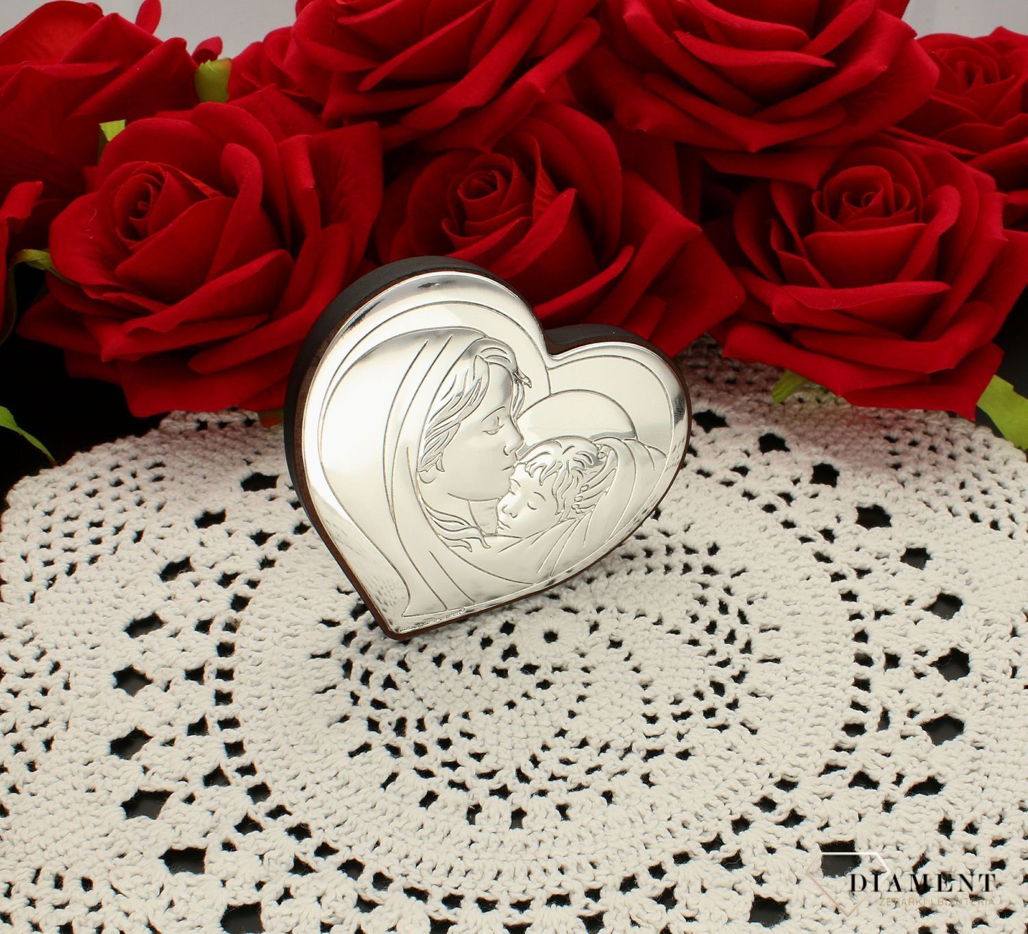 Obrazek srebrny Matka Boska z dzieciątkiem serce 6433.1. . Idealny prezent na ślub, rocznicę zawarcia sakramentu małżeństwa, chrzest. Obrazek święty ze srebra. Matka boska z jezusem..jpg