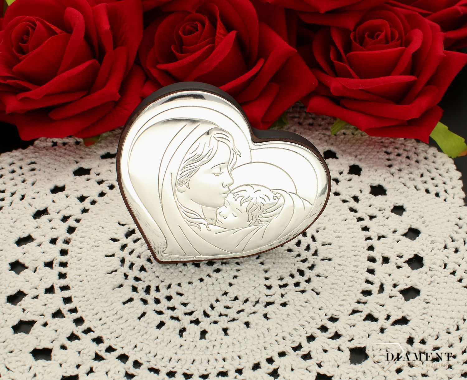 Obrazek srebrny Matka Boska z dzieciątkiem serce 6433.1. . Idealny prezent na ślub, rocznicę zawarcia sakramentu małżeństwa, chrzest. Obrazek święty ze srebra. Matka boska z jezusem..jpg